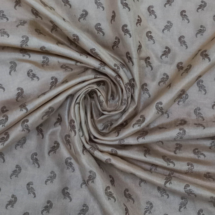 Off-White Color Silk Fabric With Bird Motifs