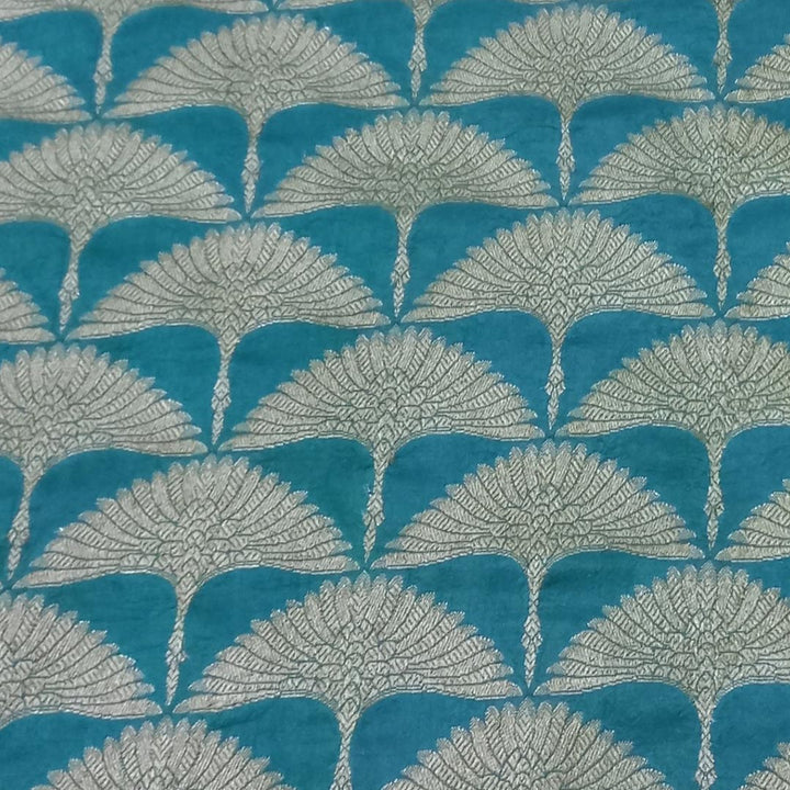 Aqua Blue Color Silk Fabric With Floral Motifs