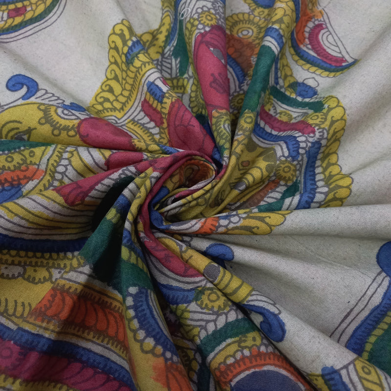Off-White Color Digital Kalamkari Printed Cotton Fabric