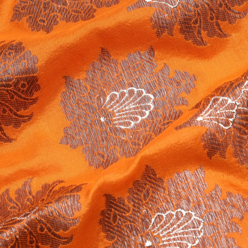 Fire Orange Color Jamavar Silk Fabric With Floral Buttas