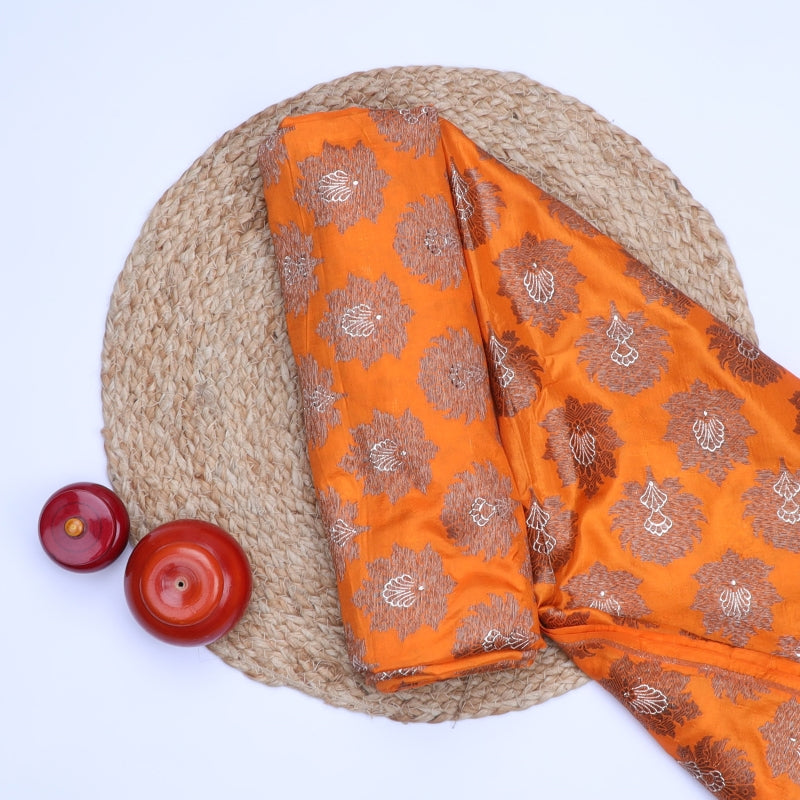 Fire Orange Color Jamavar Silk Fabric With Floral Buttas