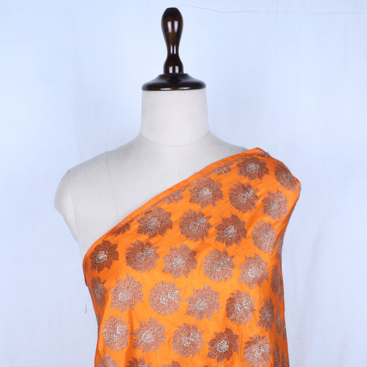Fire Orange Color Jamavar Silk Fabric With Floral Buttas