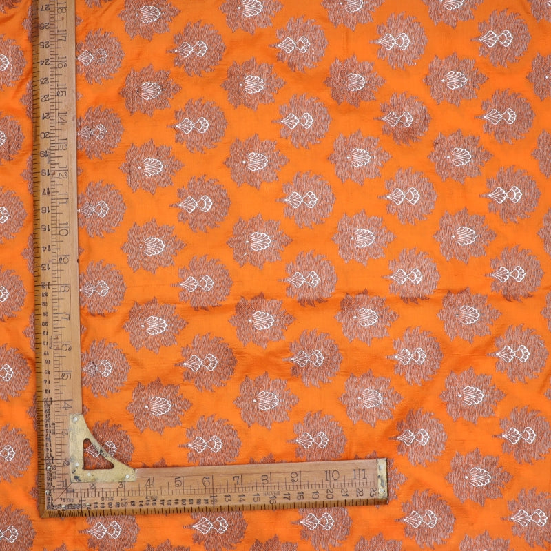 Fire Orange Color Jamavar Silk Fabric With Floral Buttas