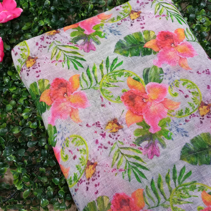 White-Multi Colored Digital Printed Lenin Fabric