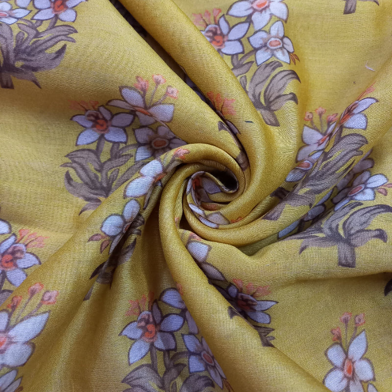 Mustard Yellow Color Chanderi Floral Printed Fabric