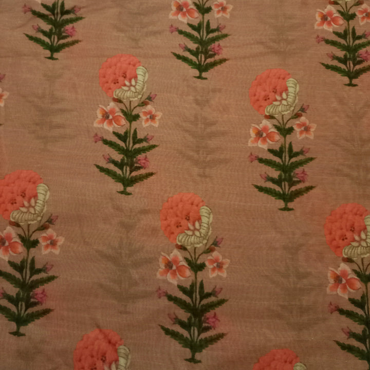 Peach Color Floral Printed Chanderi Fabric