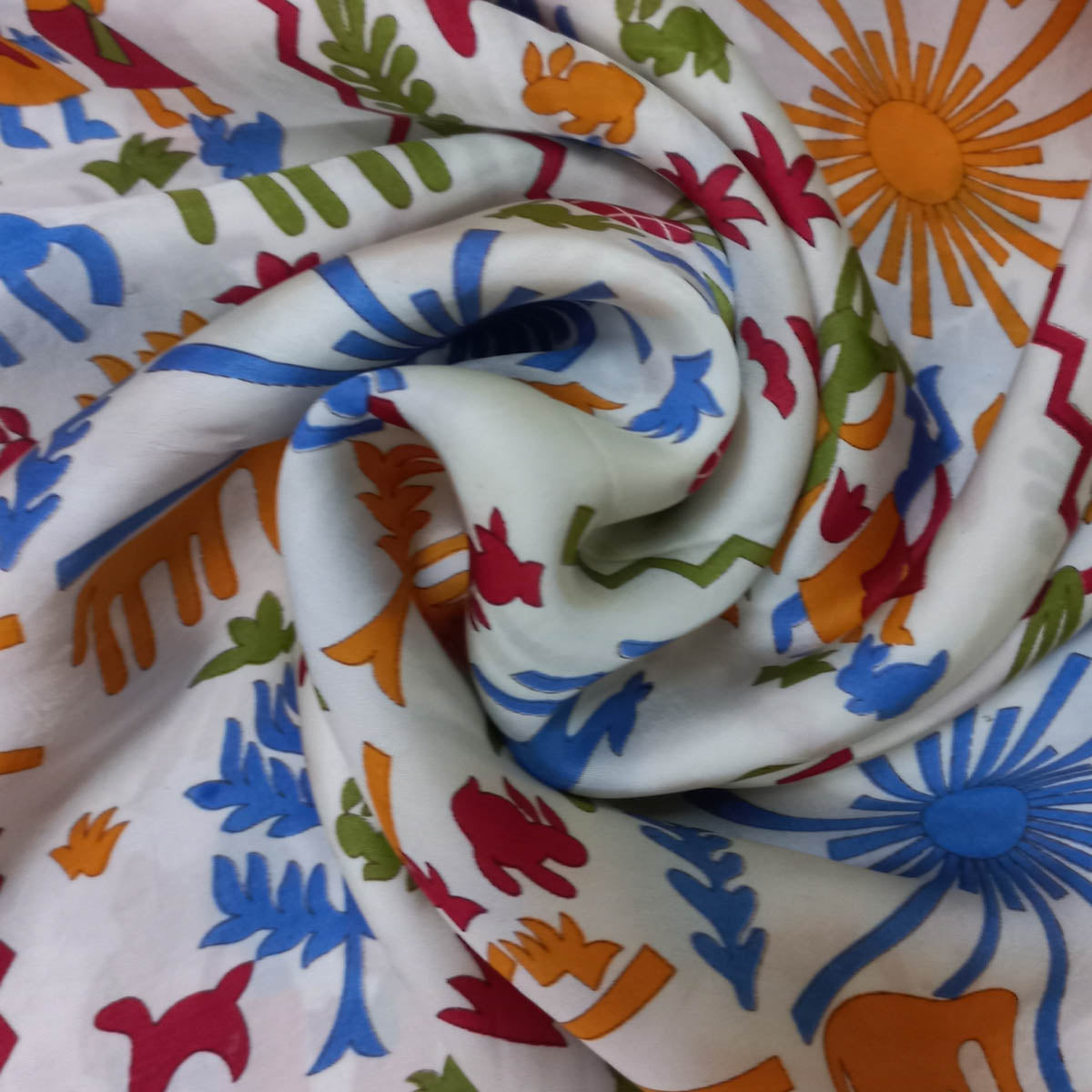 White Color Silk Fabric With Colorful Floral And Animal Motifs