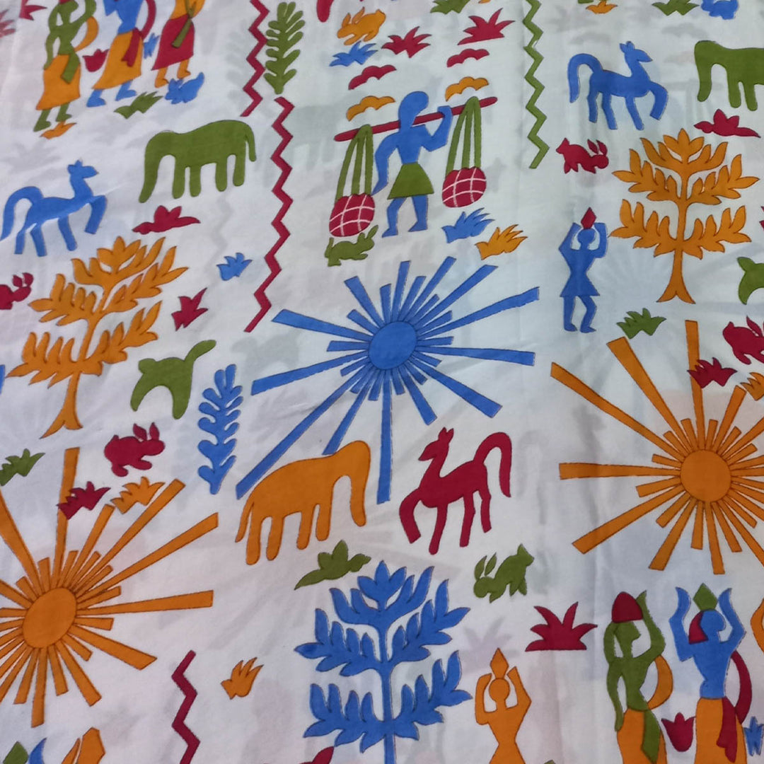 White Color Silk Fabric With Colorful Floral And Animal Motifs