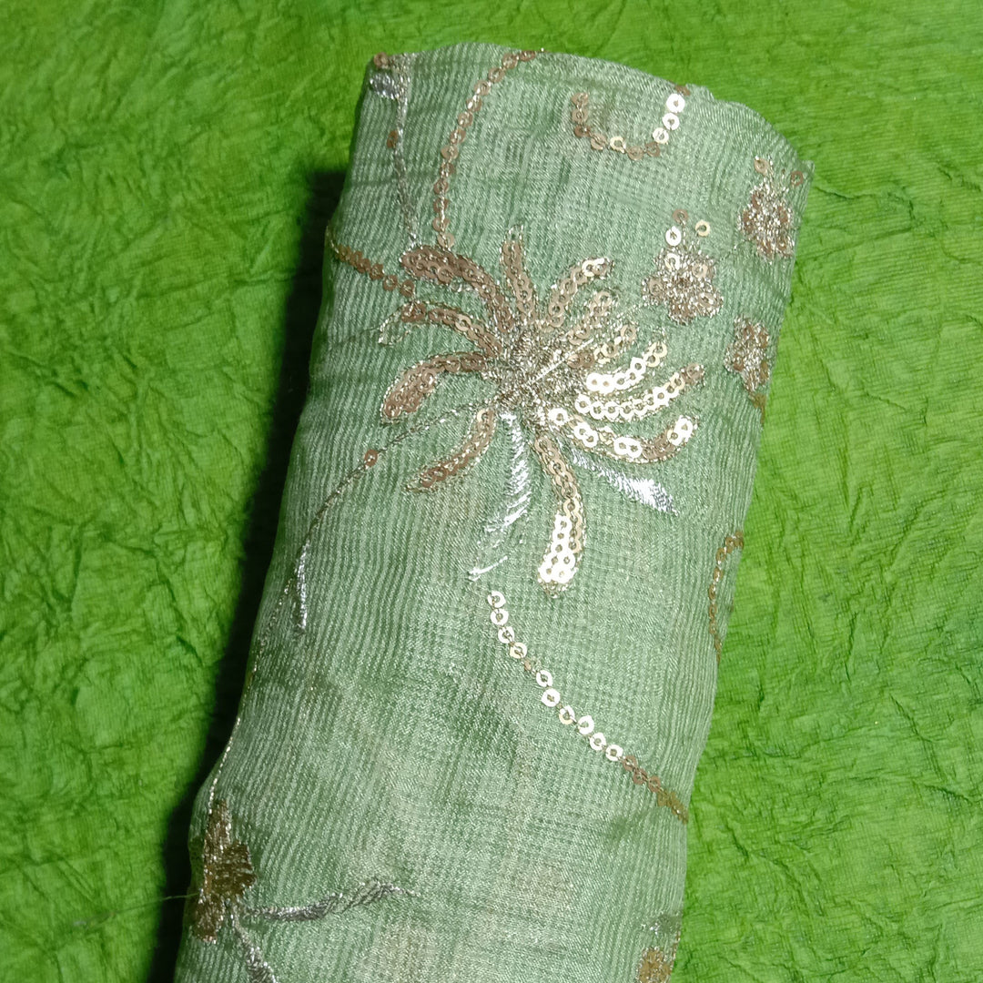 Avacado Green Kota Silk Embroidery Fabric