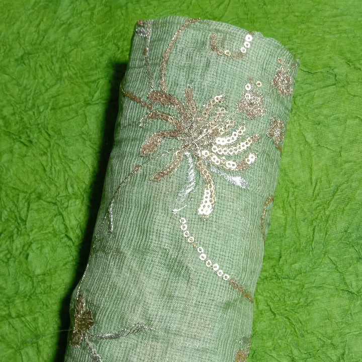 Avacado Green Kota Silk Embroidery Fabric