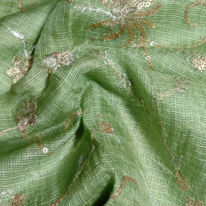 Avacado Green Kota Silk Embroidery Fabric