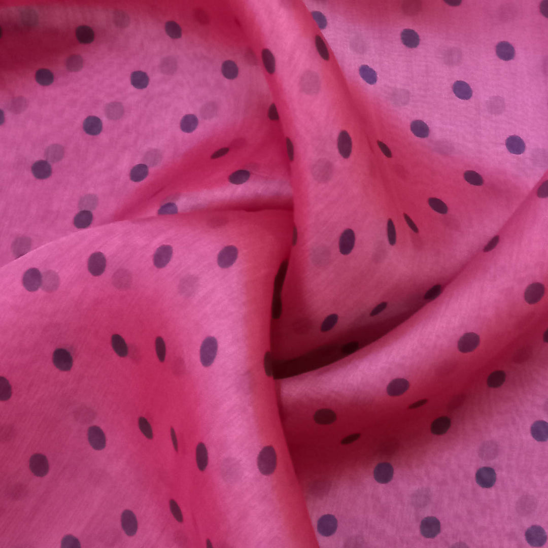 Bubblegum Pink Color Silk Fabric With Polka Dots
