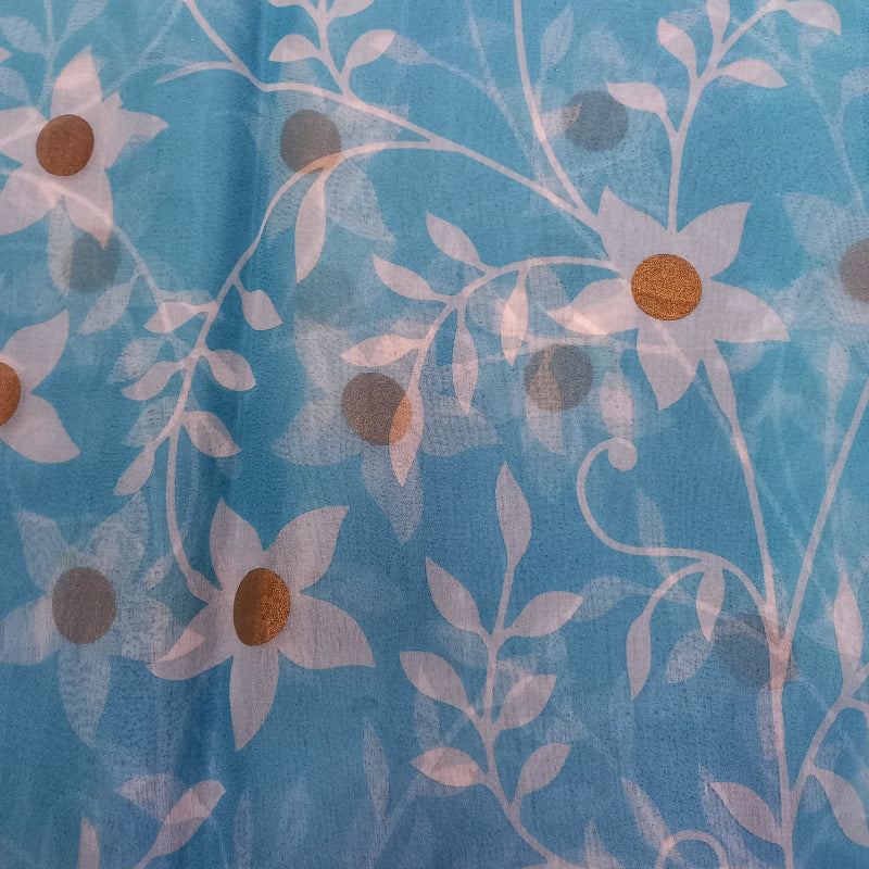 Sky Blue Floral Printed Organza Fabric