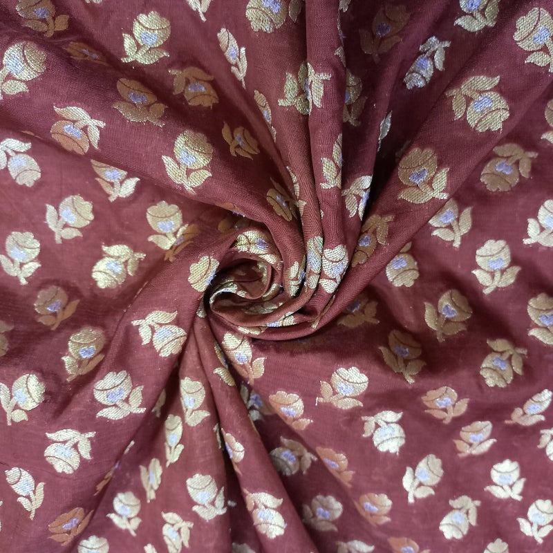 Brown Colour Silk Fabric With Floral Buttas
