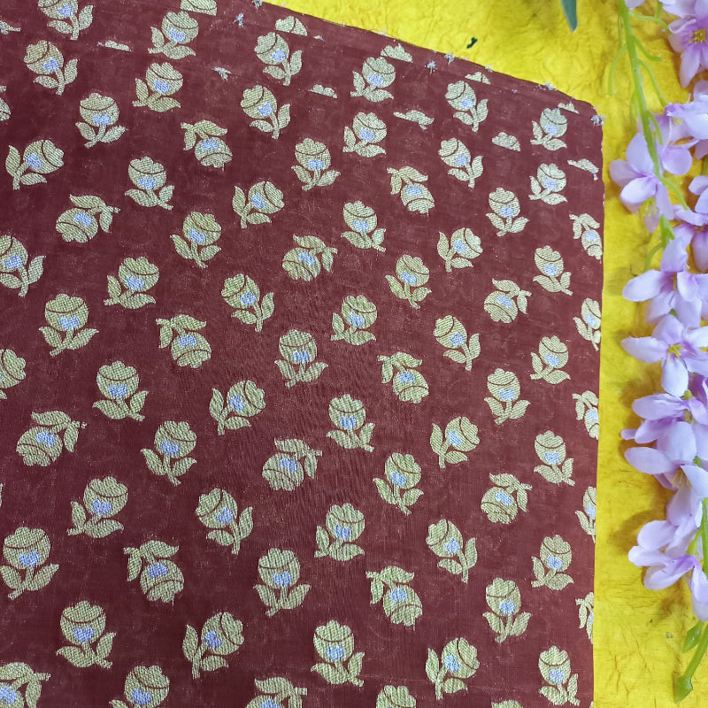 Brown Colour Silk Fabric With Floral Buttas