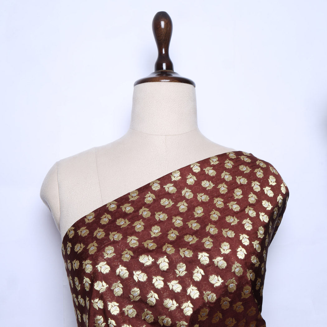 Brown Color Silk Fabric With Floral Buttis