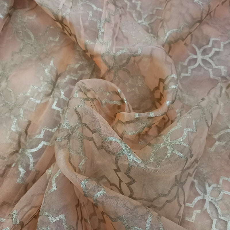 Beige Color Floral Foil Printed Organza Fabric