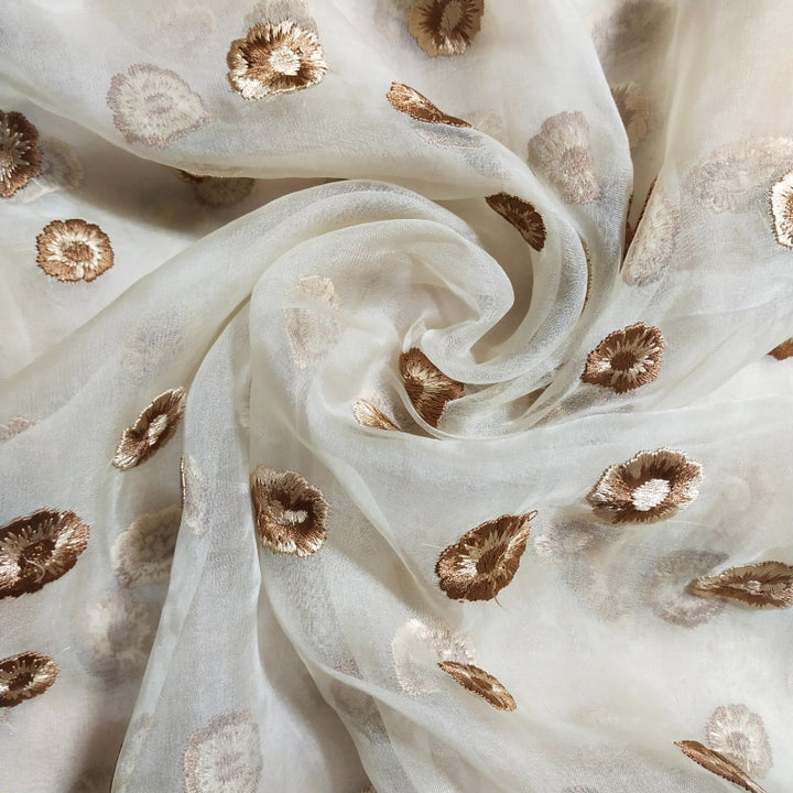 Off-White Golden Zari Buta Embroidery Organza Fabric