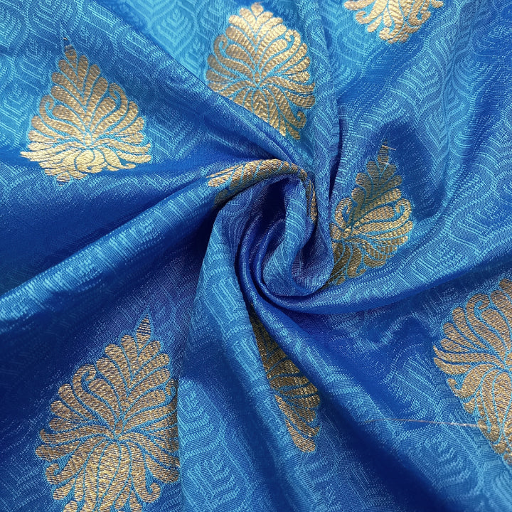 Deep Sky Blue Color Jamawar Banarasi Silk Fabric