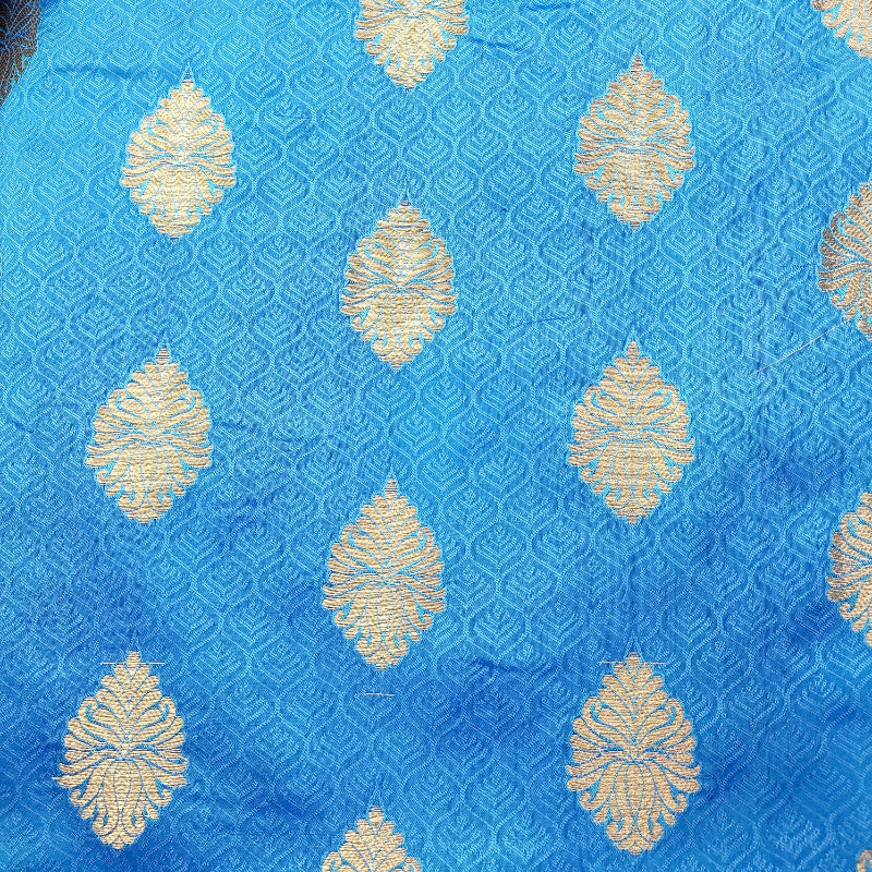 Deep Sky Blue Color Jamawar Banarasi Silk Fabric