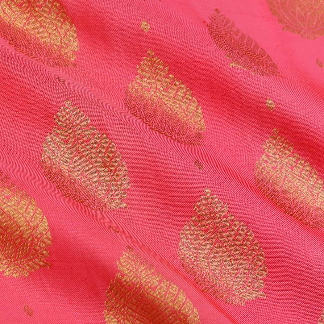 Flamingo Pink Color Silk Fabric With Floral Buttas