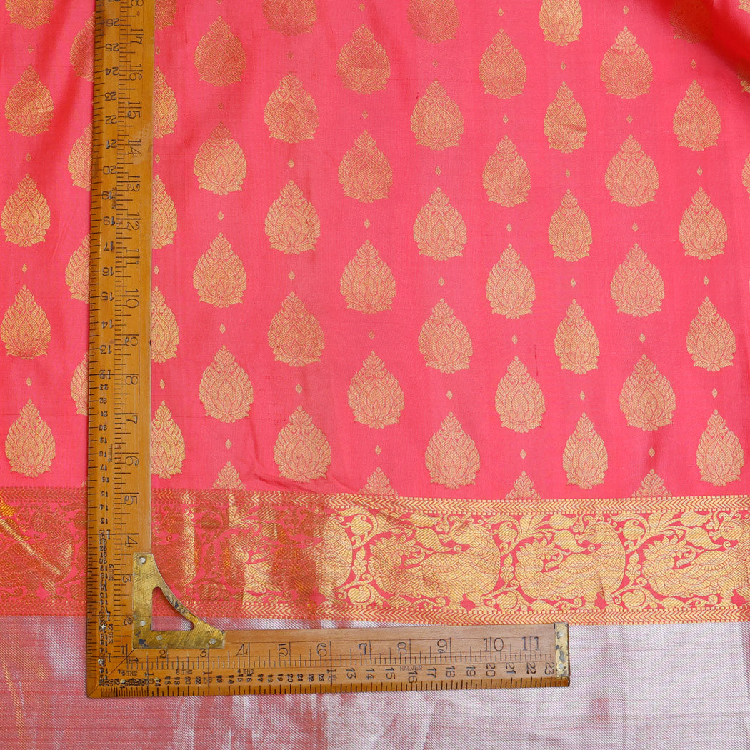 Flamingo Pink Color Silk Fabric With Floral Buttas