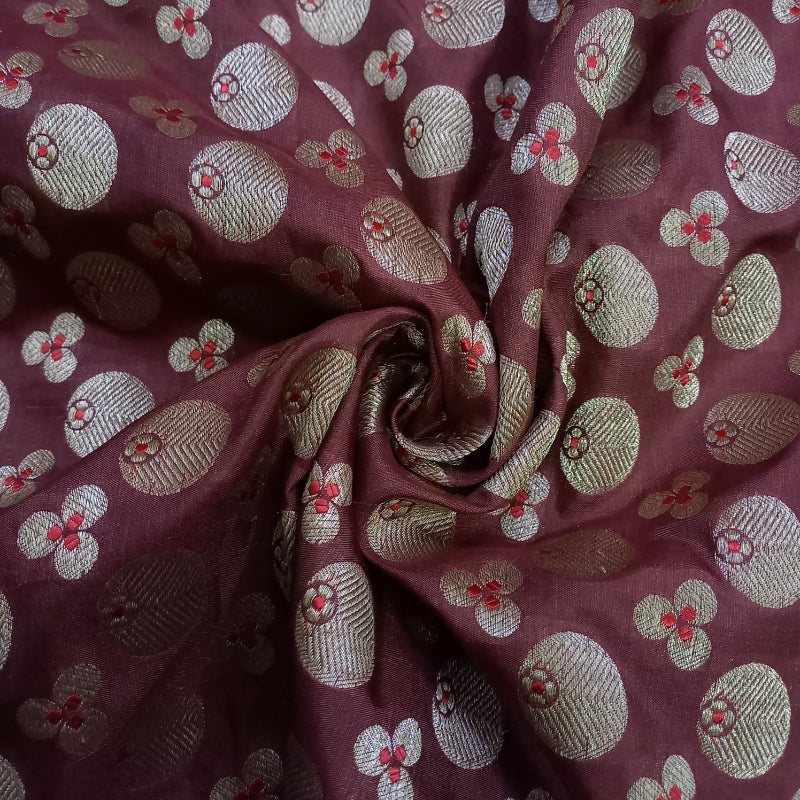 Maroon Colour Jamawar Silk Fabric With Floral Buttas