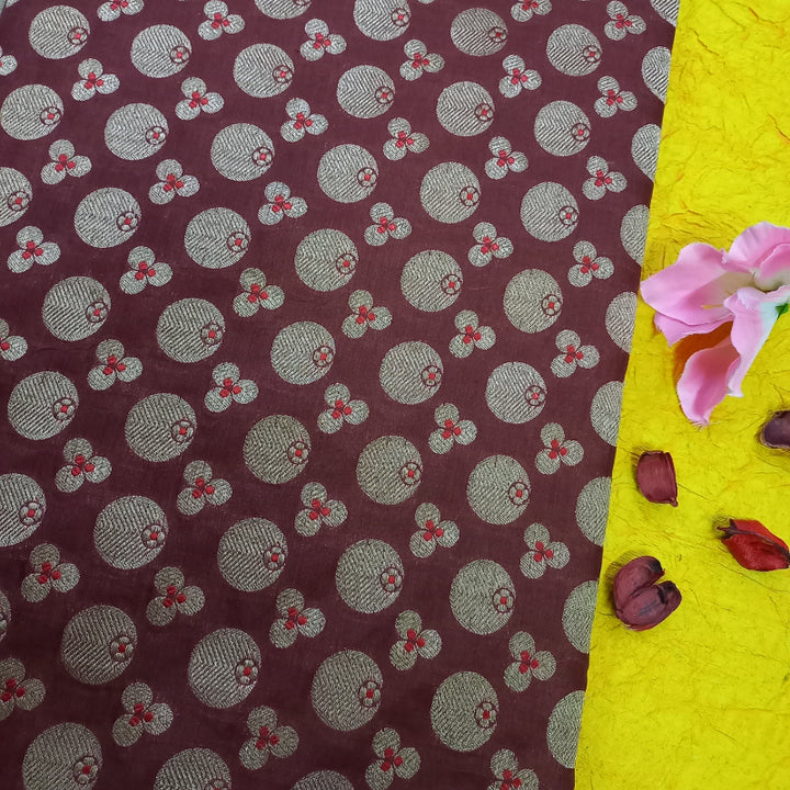 Maroon Colour Jamawar Silk Fabric With Floral Buttas