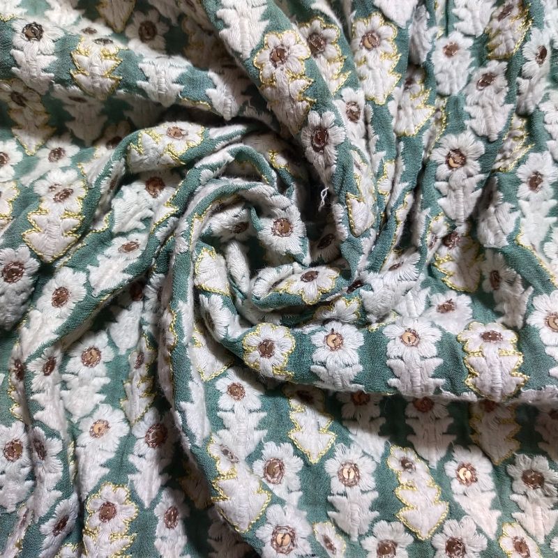 Celeste Cyan Green Tusser Fabric With Embroiderey