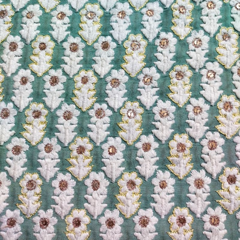 Celeste Cyan Green Tusser Fabric With Embroiderey