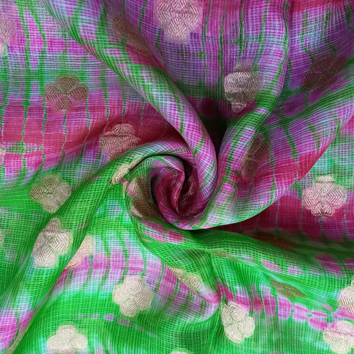 Multi-Color Shibori Peinted With Golden Zari Woven Kota Silk Fabric