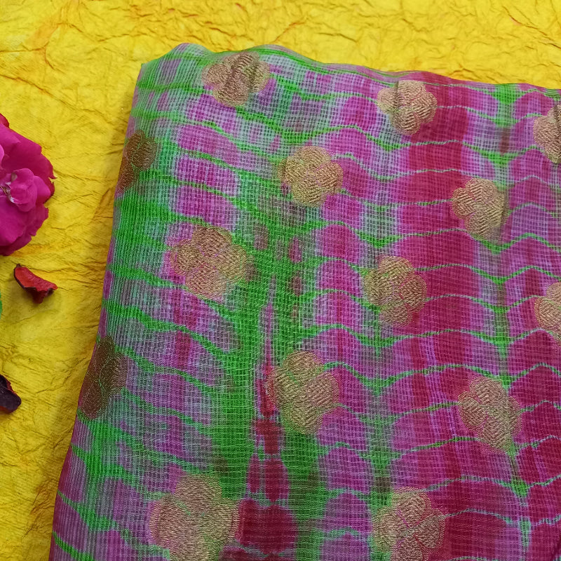 Multi-Color Shibori Peinted With Golden Zari Woven Kota Silk Fabric