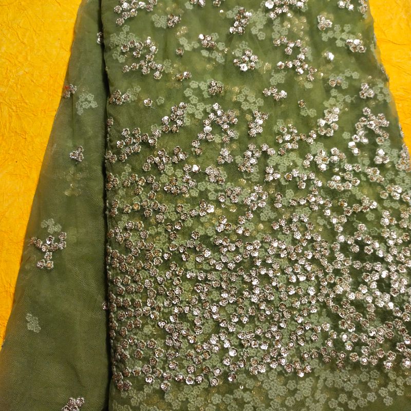 Olive Green Embroidered Net Fabric