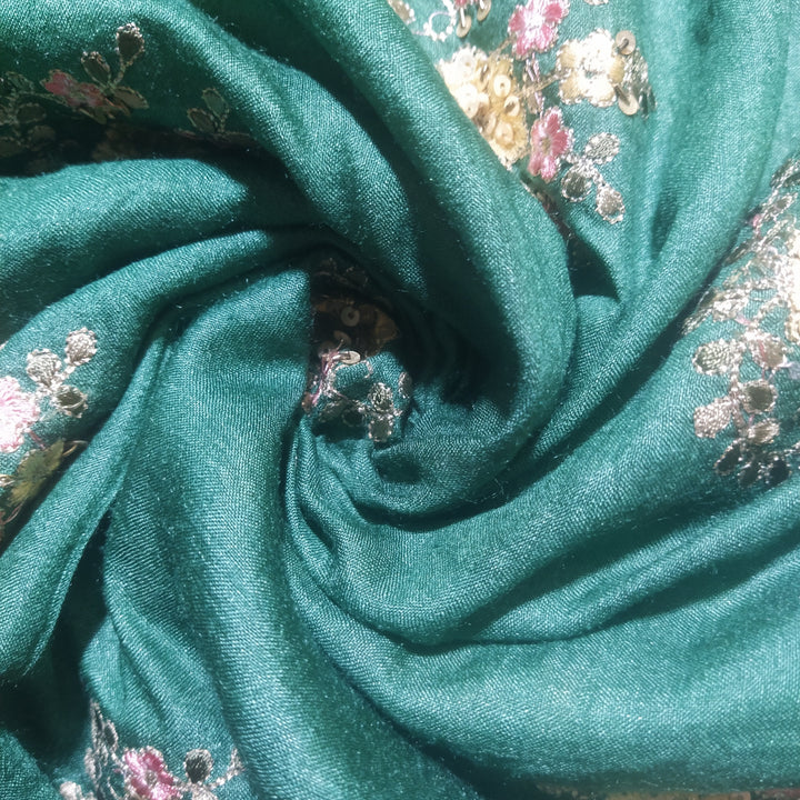 Pine Green Color Embroidered Tussar Silk Fabric