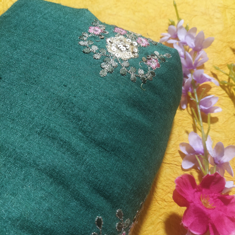 Pine Green Color Embroidered Tussar Silk Fabric