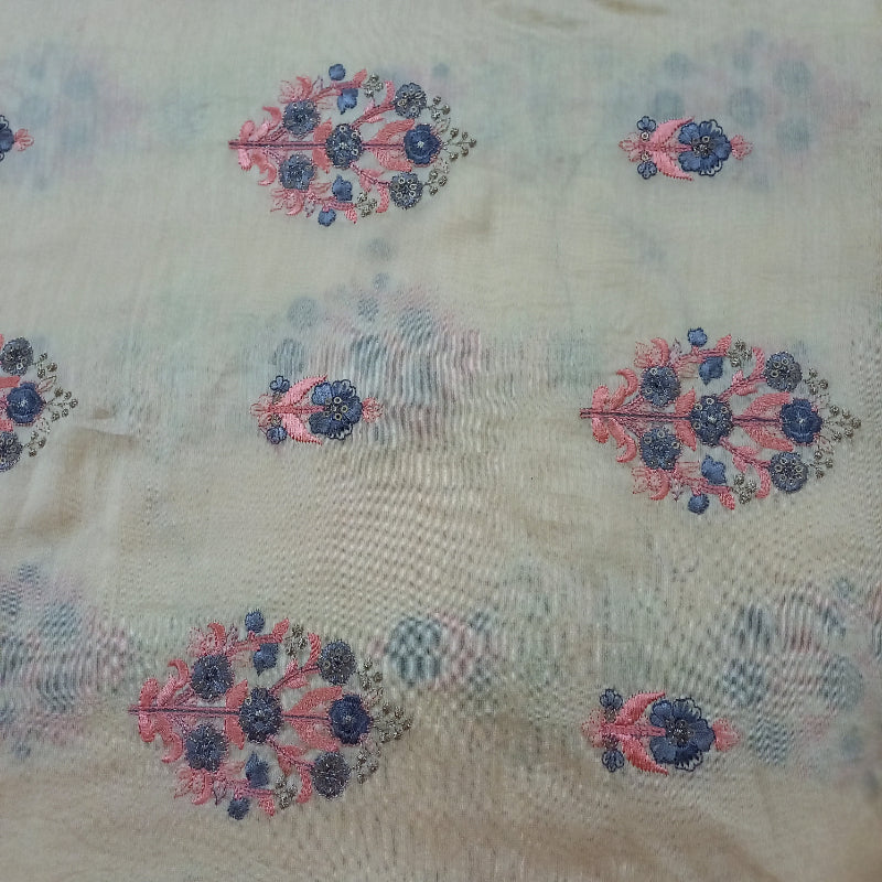 Off-White Color Floral Thread Embroidered Chanderi Fabric