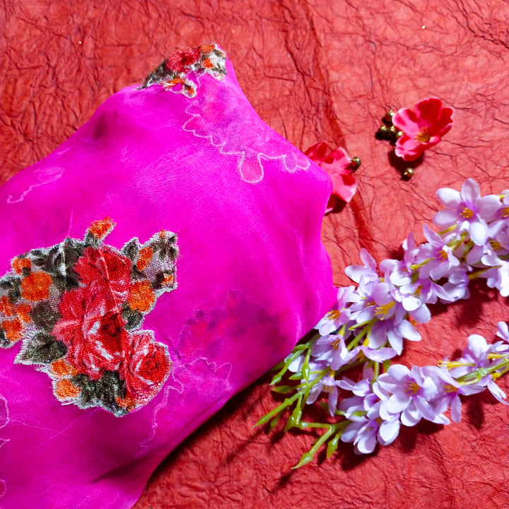 Fucia Pink Embroidered Organza Fabric