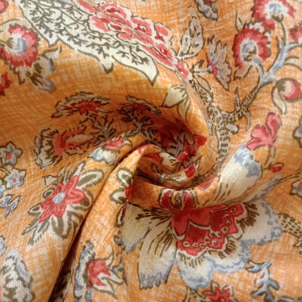 Light Monarch Orange Color Floral Printed Dupion Silk Fabric