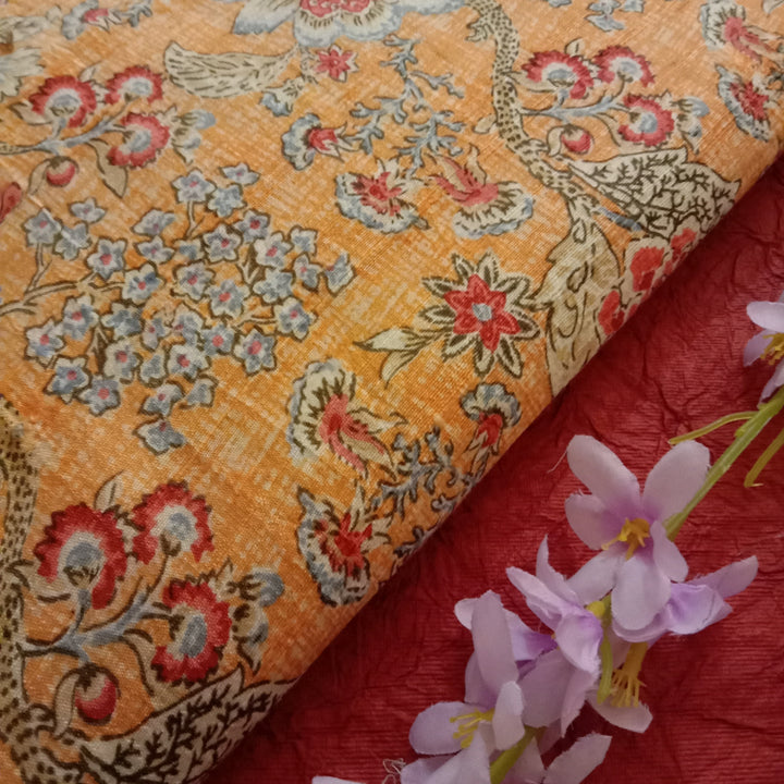 Light Monarch Orange Color Floral Printed Dupion Silk Fabric