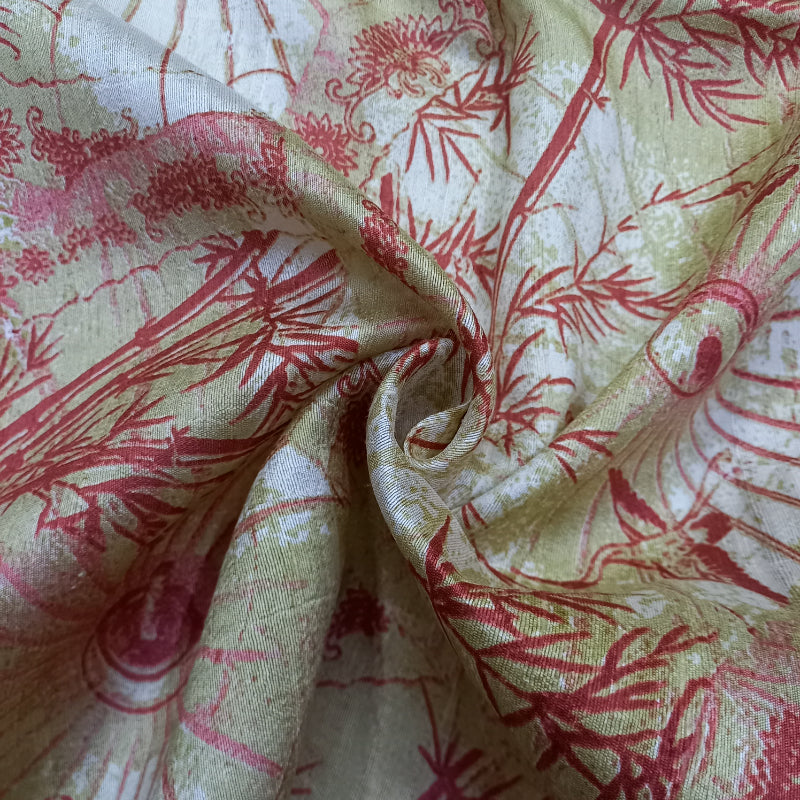 Off-White Nature Inspired Printed Dupion Silk Fabric