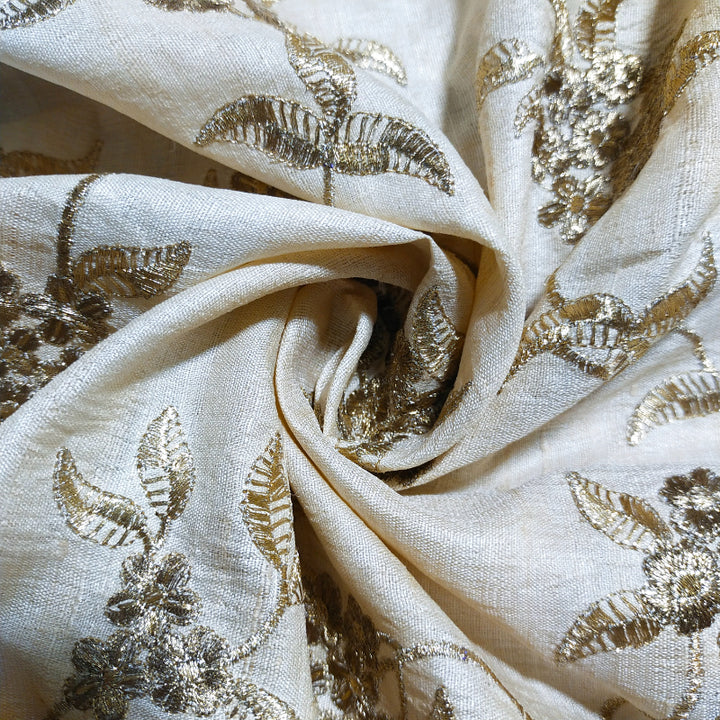 Light Beige Color Zari Floral Jaal Embroidered Tussar Silk Fabric