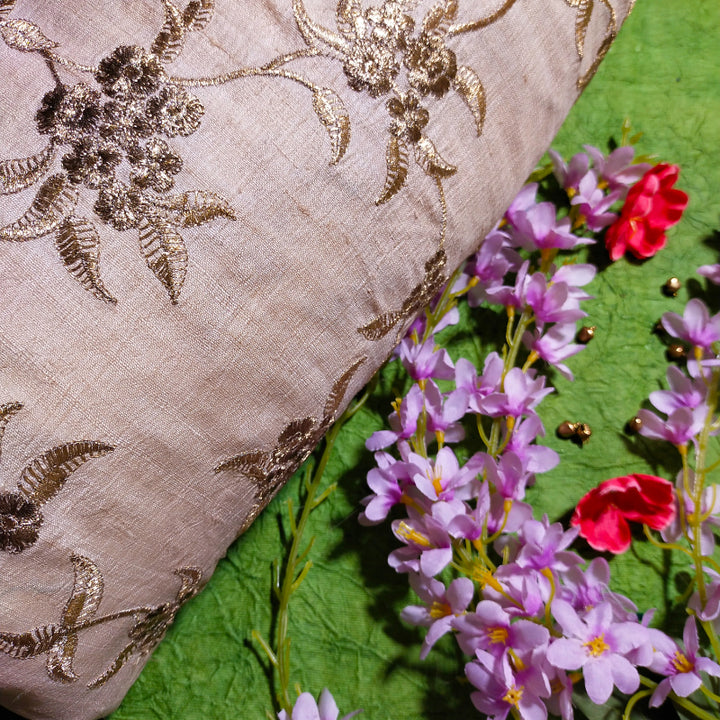 Light Beige Color Zari Floral Jaal Embroidered Tussar Silk Fabric