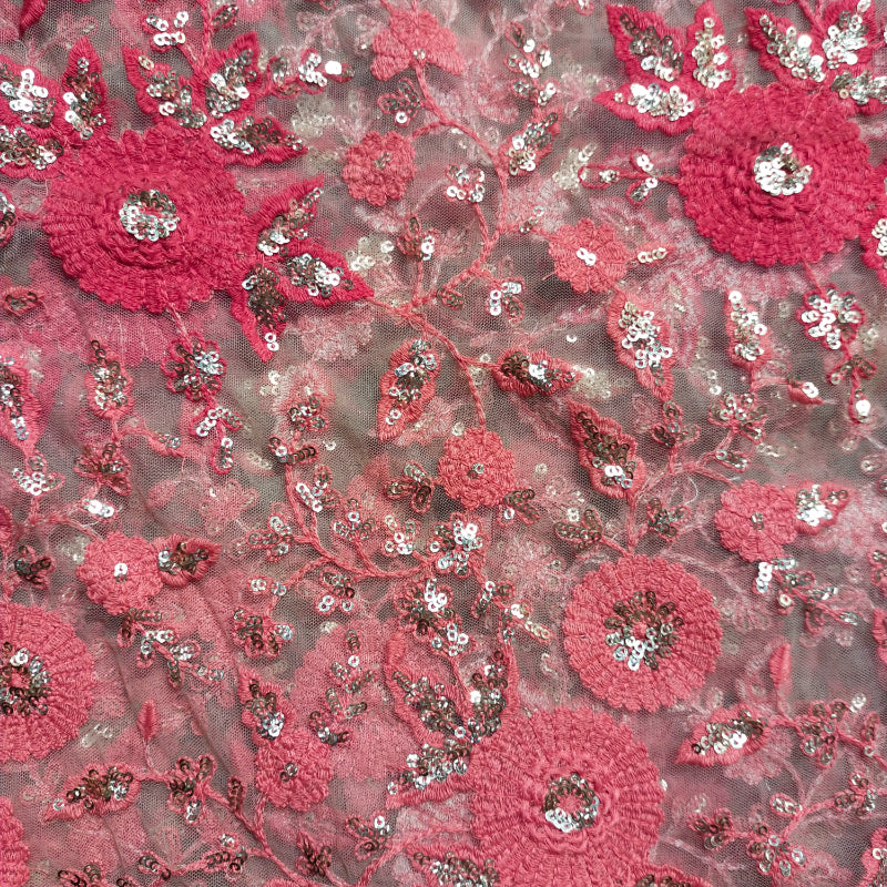 Light Beige Color Floral Jaal Thread Embroidered Net Fabric