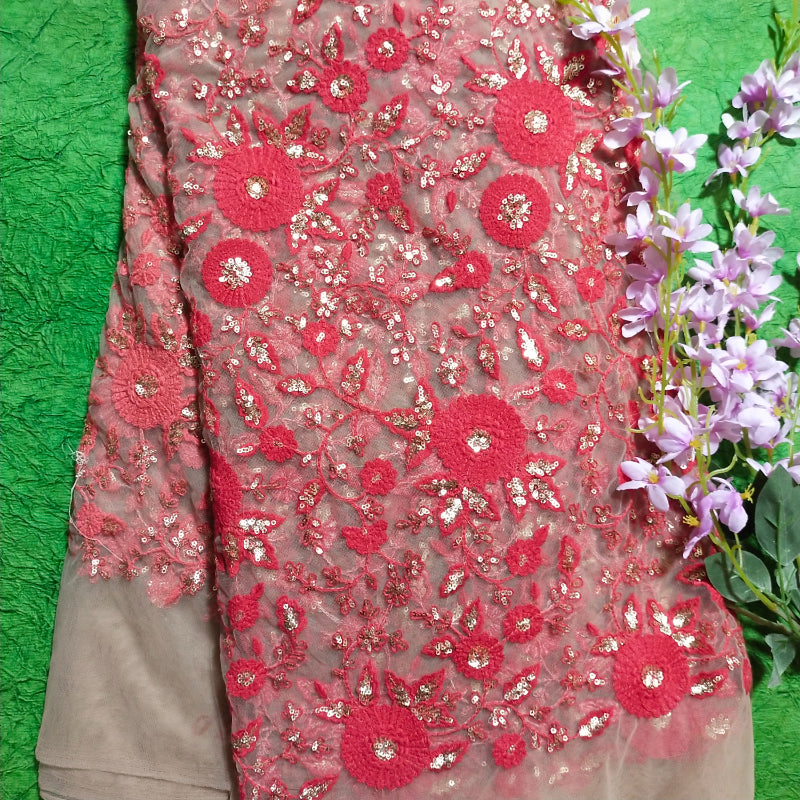 Light Beige Color Floral Jaal Thread Embroidered Net Fabric