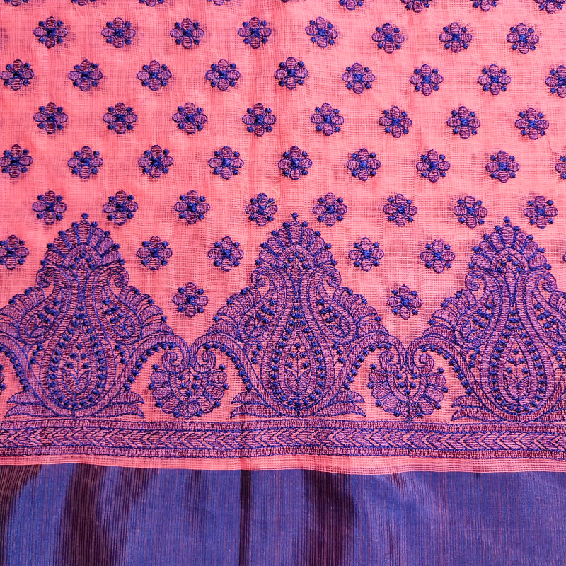 Peach Pink Embroidered Kota Silk Fabric