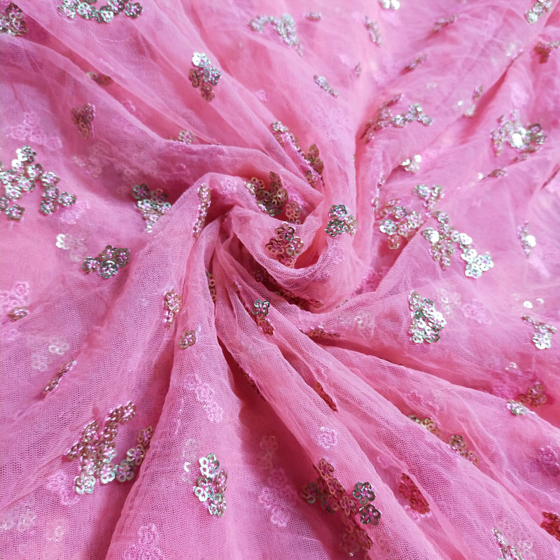 Bubble Gum Pink Premium Net fabric With Embroiderey