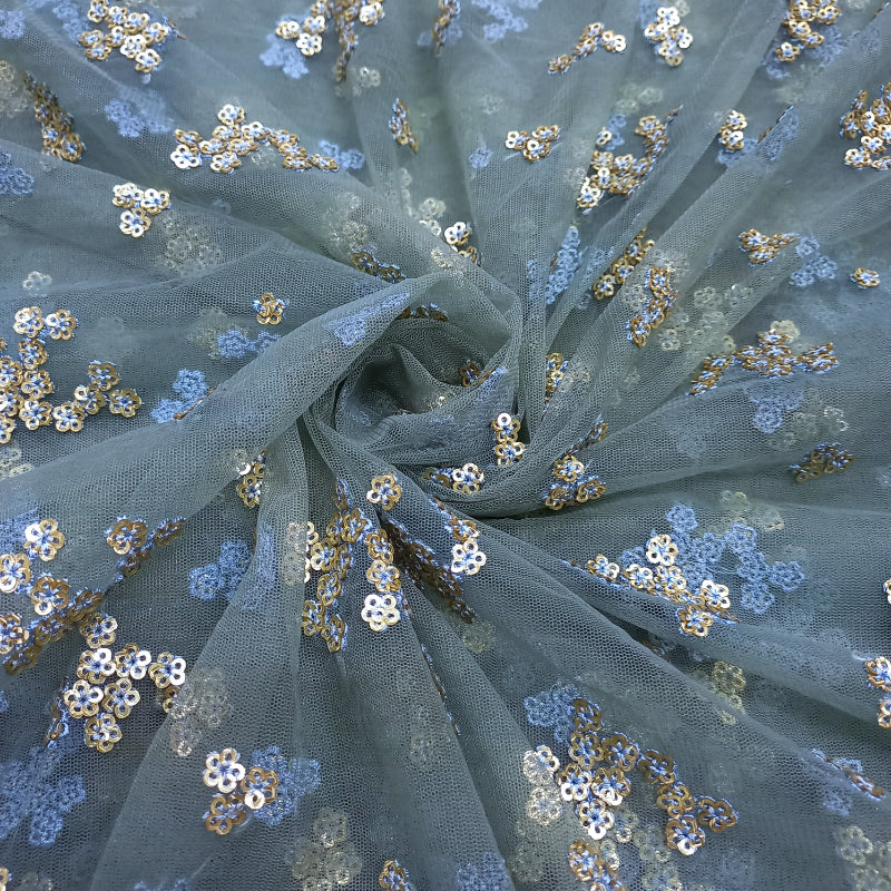 Pale Cornflower Blue Colour Net Fabric With Sequence Work