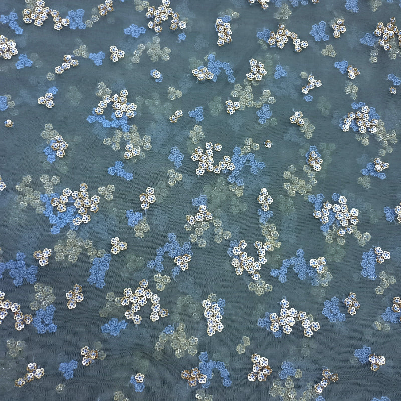 Pale Cornflower Blue Colour Net Fabric With Sequence Work