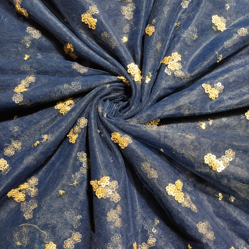 Prussian Blue Sequins Embroidered Net Fabric