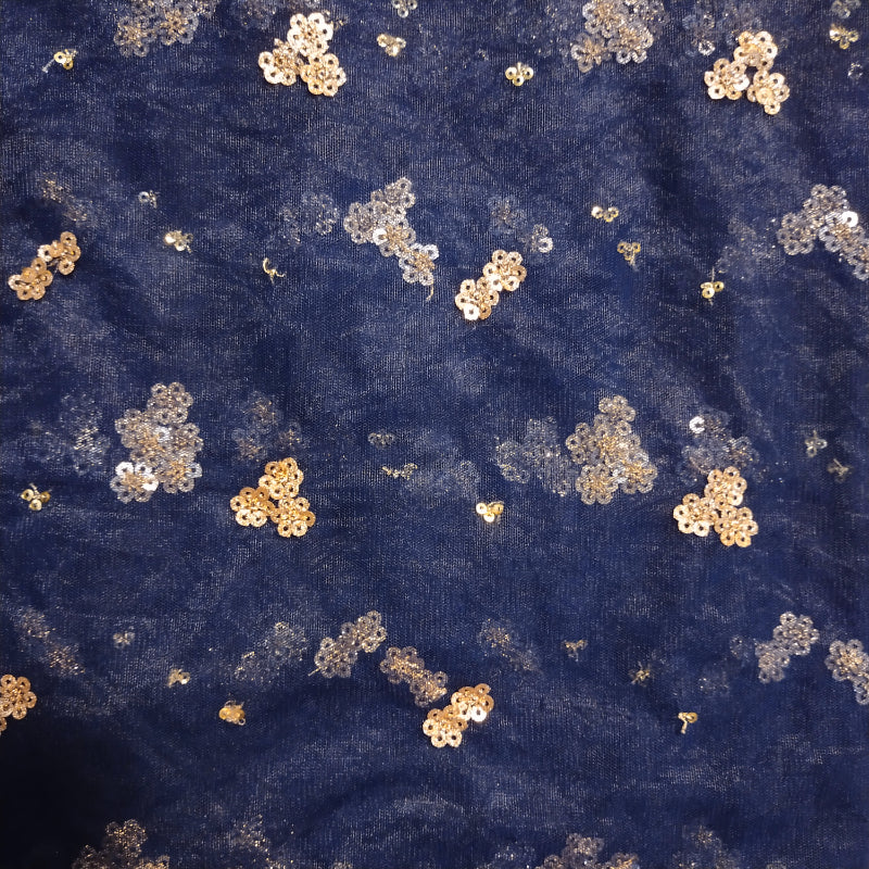 Prussian Blue Sequins Embroidered Net Fabric